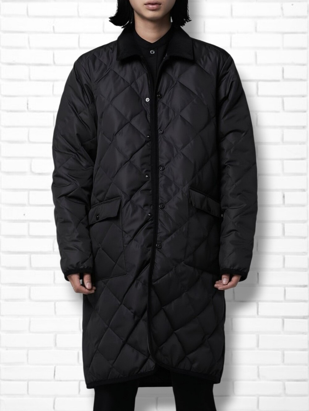 NEW! TAION City Chore Coat Black Quilted Piping Collar Long Down Coat Size S